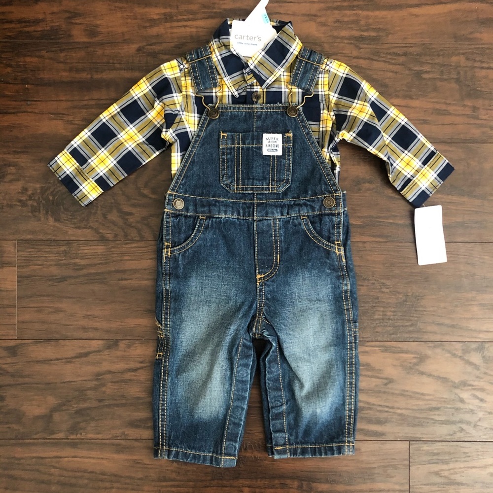 Jean overalls with gingham yellow long sleeve 6mos